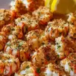 Crispy golden crab bites with herbs and lemon wedges.