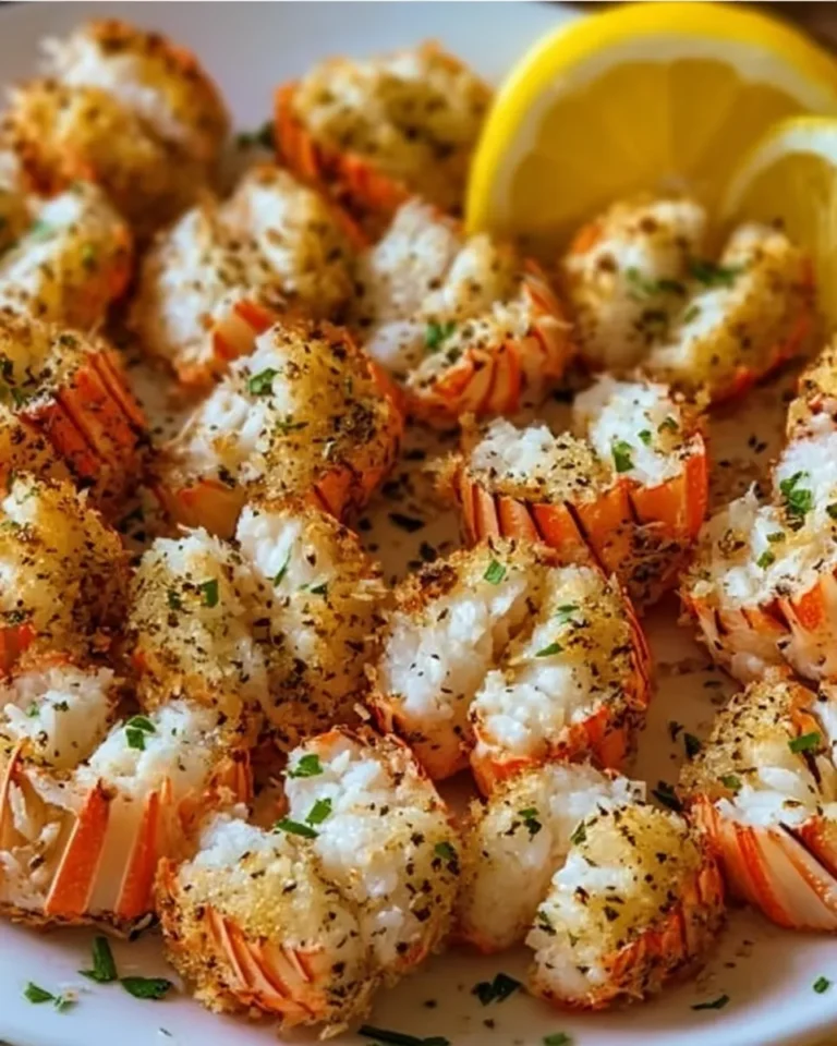 Golden baked crab bites with herbs and lemon slices on white plate.