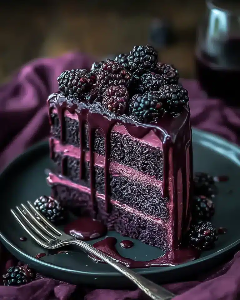 Slice of blackberry velvet gothic cake with blackberry compote and buttercream.