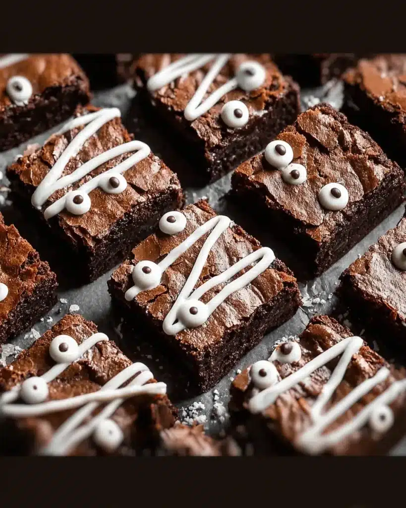 Fudgy Halloween mummy brownies with zigzag white frosting and candy eyes.