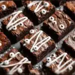 Halloween mummy brownies with crackly tops, frosting zigzags, and candy eyes.