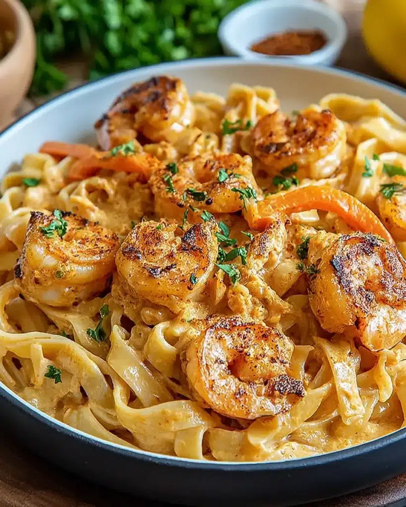 Cajun shrimp over creamy fettuccine with peppers and fresh herbs