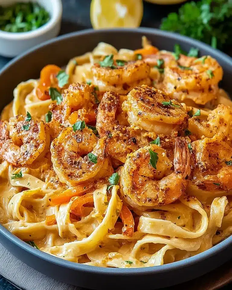 Spicy Cajun shrimp pasta with creamy sauce and bell peppers in a bowl