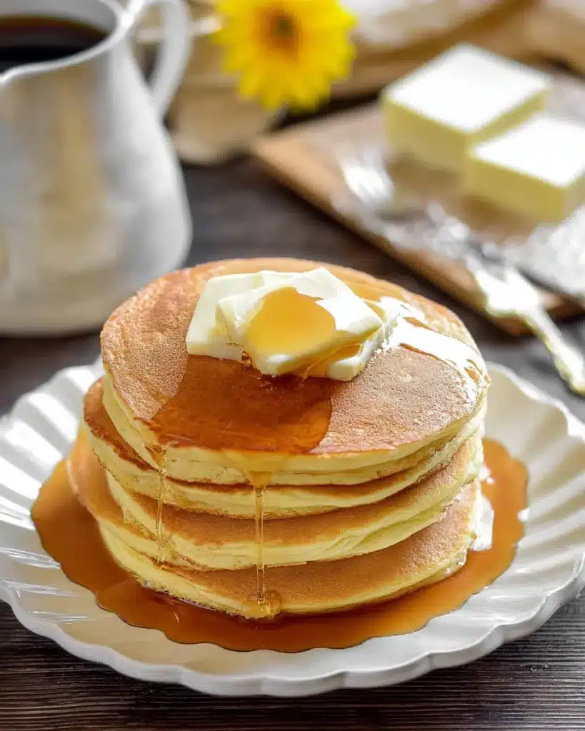 Stack of fluffy Bisquick pancakes with butter and maple syrup