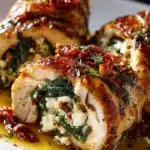 Rolled chicken stuffed with feta, spinach, and sun-dried tomatoes in herb butter glaze