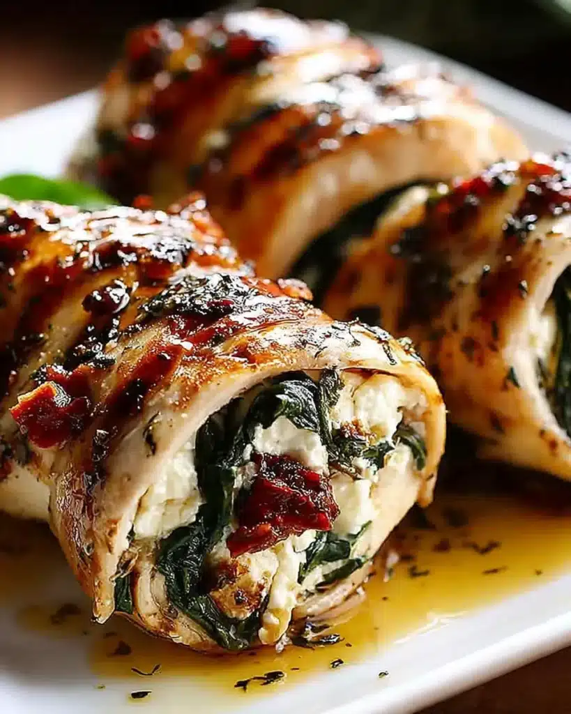 Rolled chicken breast stuffed with feta, spinach, and sun-dried tomatoes in golden herb glaze