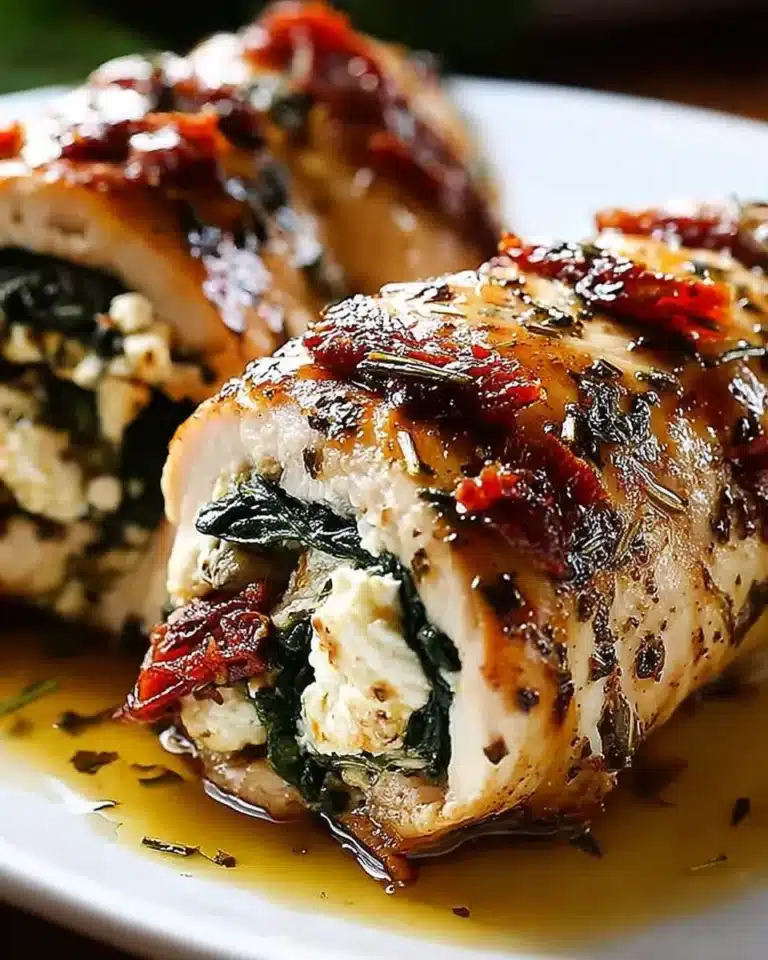 Juicy rolled chicken breast stuffed with feta, spinach, and sun-dried tomatoes in herb sauce