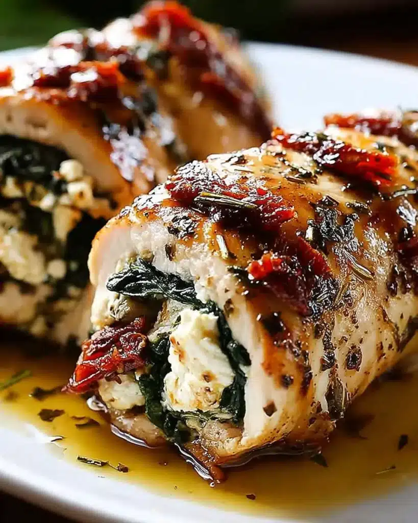 Juicy rolled chicken breast stuffed with feta, spinach, and sun-dried tomatoes in herb sauce