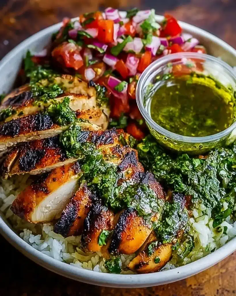 This Grilled Chicken Chimichurri Bowl recipe features sliced grilled chicken topped with vibrant chimichurri, served over rice and finished with fresh pico de gallo.