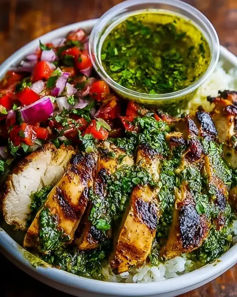 Grilled chicken chimichurri bowl with rice, pico de gallo, and fresh parsley sauce