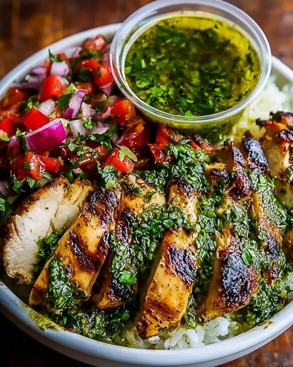 Grilled chicken chimichurri bowl with rice, pico de gallo, and fresh parsley sauce