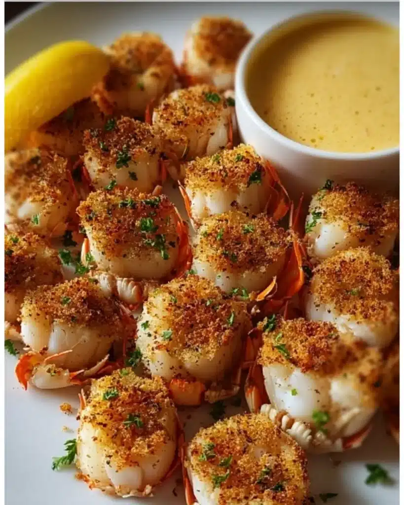 Golden baked Crab Crunchies with herb crumbs and dipping sauce.