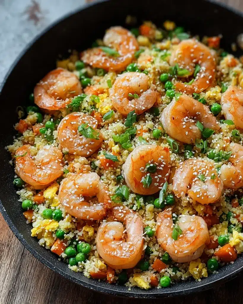 Close-up of cauliflower fried rice with shrimp, green peas, carrots, eggs, and sesame seeds in a black skillet.