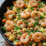 Healthy shrimp cauliflower fried rice with peas, carrots, scrambled eggs, and green onions in a skillet