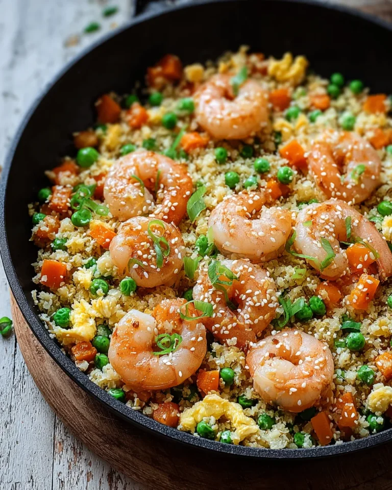 Low-carb cauliflower fried rice with shrimp, peas, carrots, eggs, and sesame seeds in a skillet.