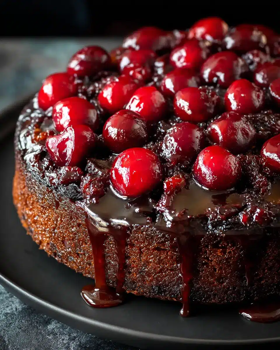 Moist chocolate cherry upside down cake with glossy tart cherries on top