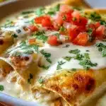 Golden chicken enchiladas topped with sour cream sauce, cheese, and fresh tomato garnish.