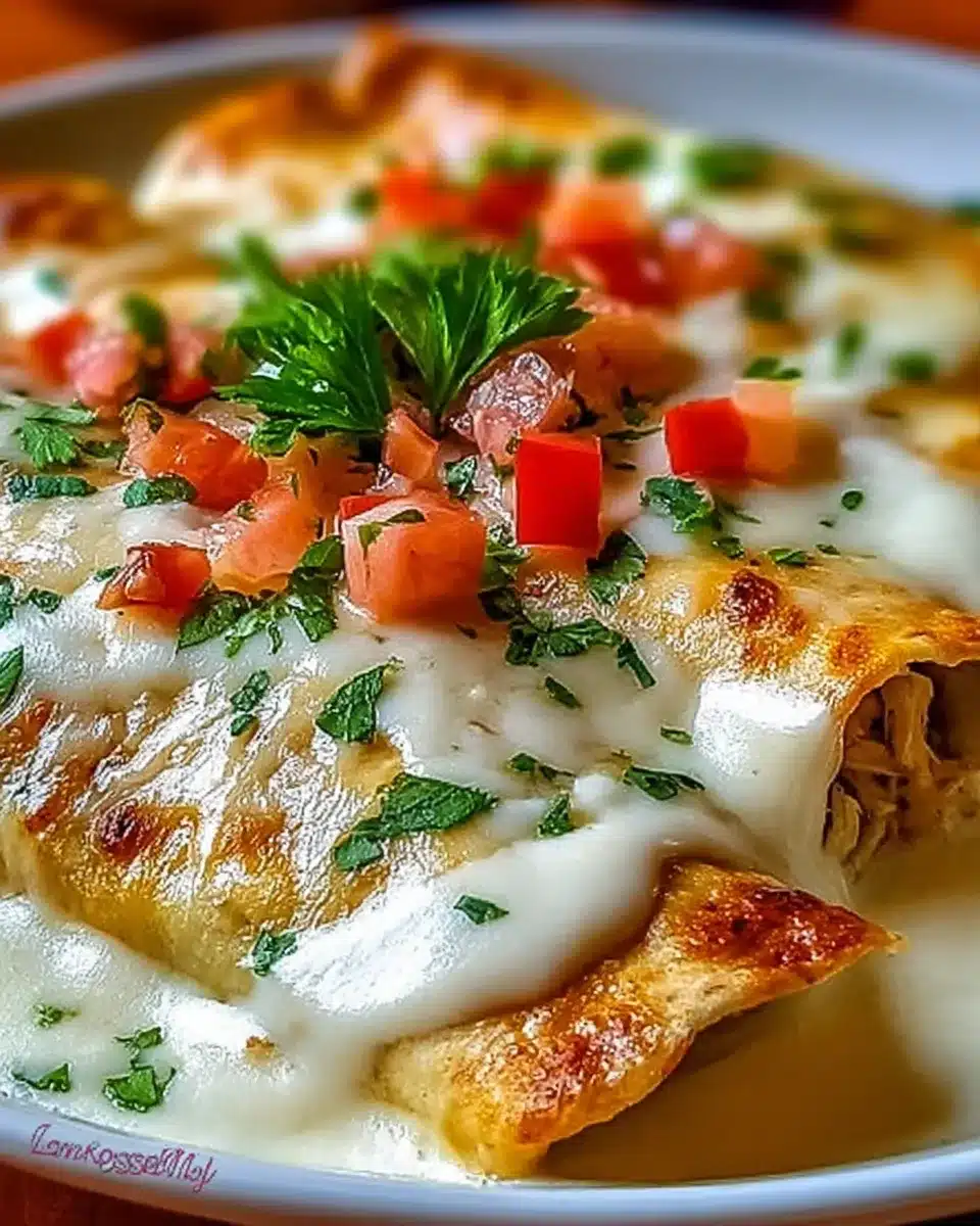 Creamy chicken enchiladas topped with sour cream white sauce and fresh pico de gallo.