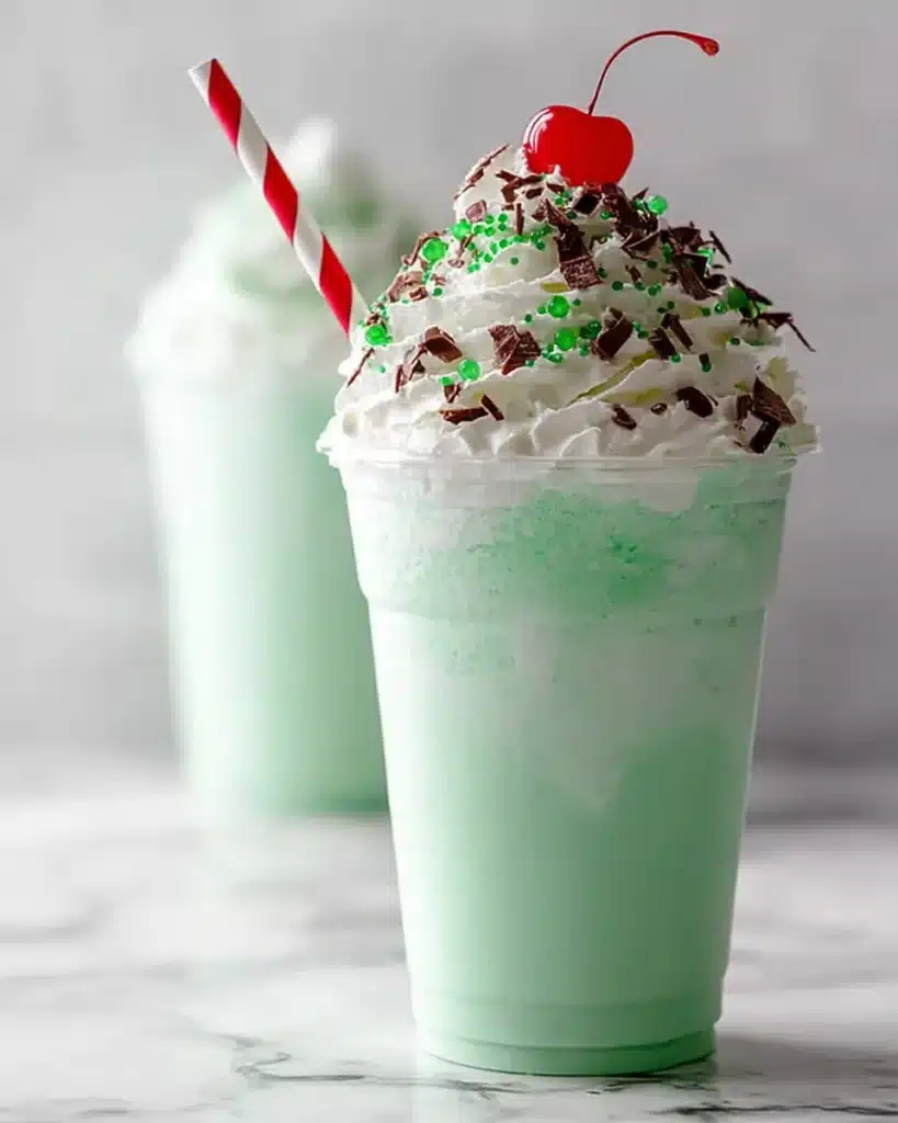 Homemade mint Shamrock Shake with whipped cream, chocolate shavings, and cherry.