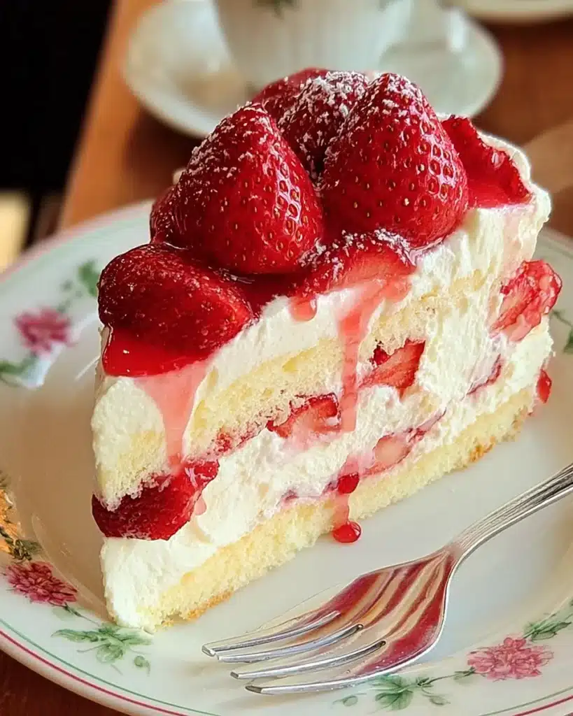 Slice of strawberries and cream cake with powdered sugar and berry glaze