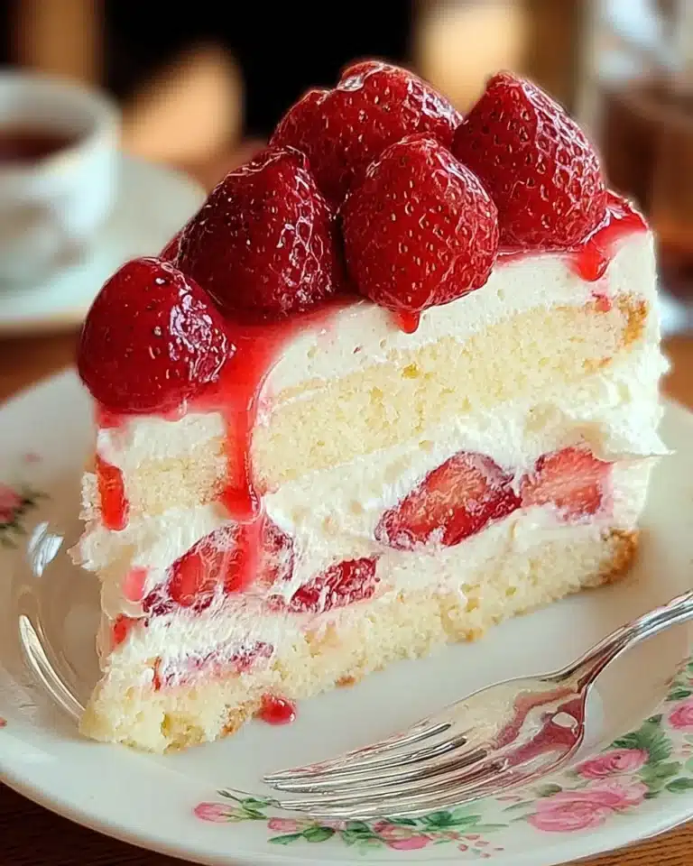 Slice of strawberries and cream cake with fresh berries and cream cheese frosting