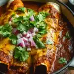 Two cheesy birria enchiladas in chile sauce with cilantro and onion garnish