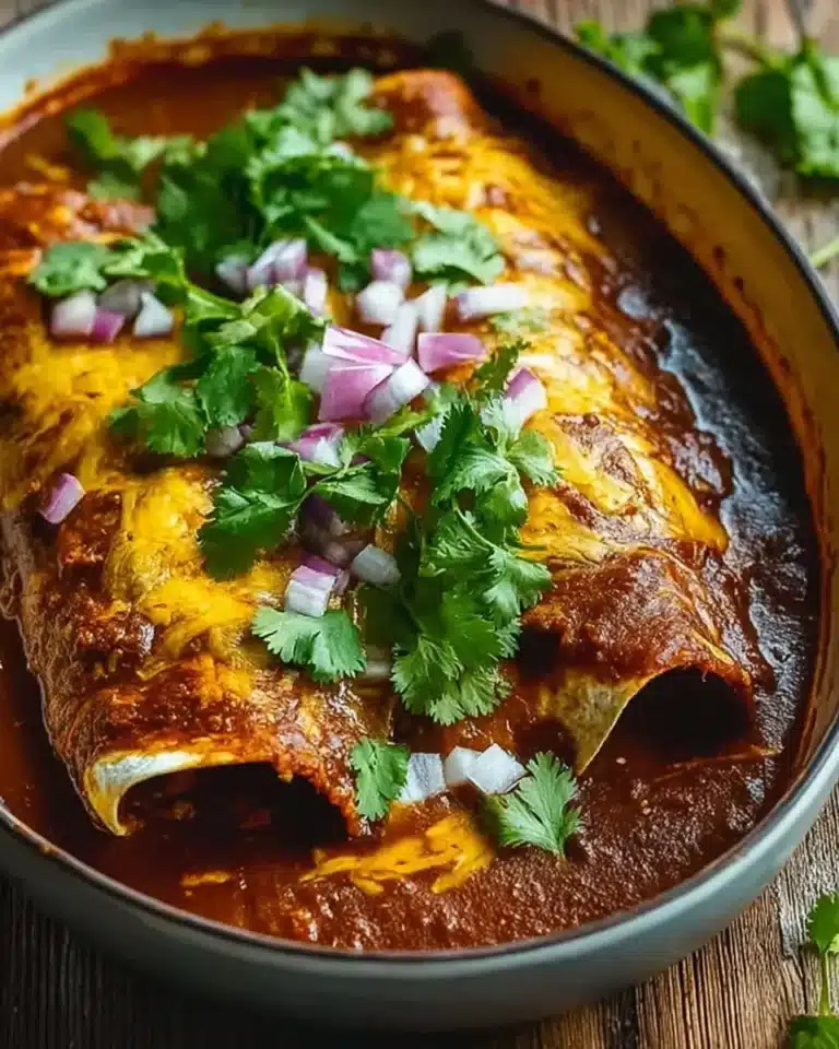 Cheesy birria enchiladas topped with cilantro and diced onion in rich chile sauce