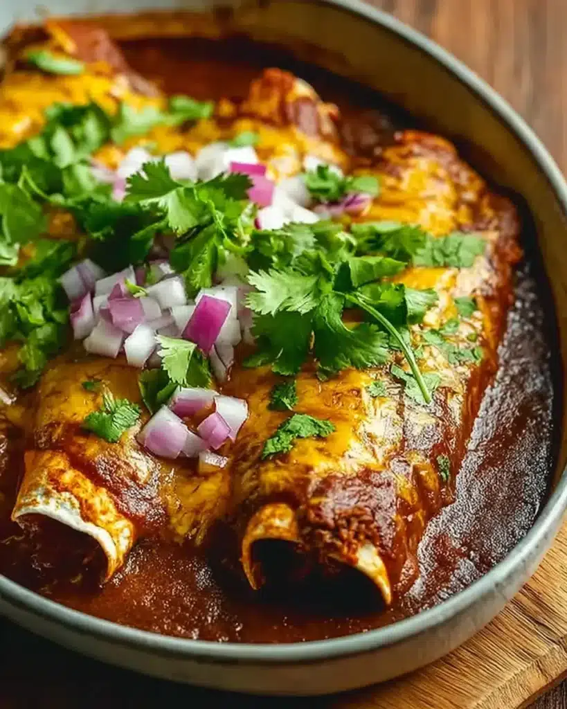 Birria enchiladas in red chile sauce topped with melted cheese, cilantro, and onion