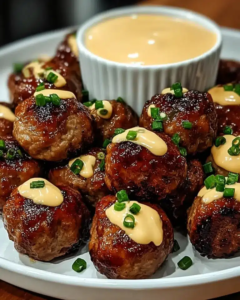 Juicy Korean BBQ meatballs with spicy mayo and scallions on a plate