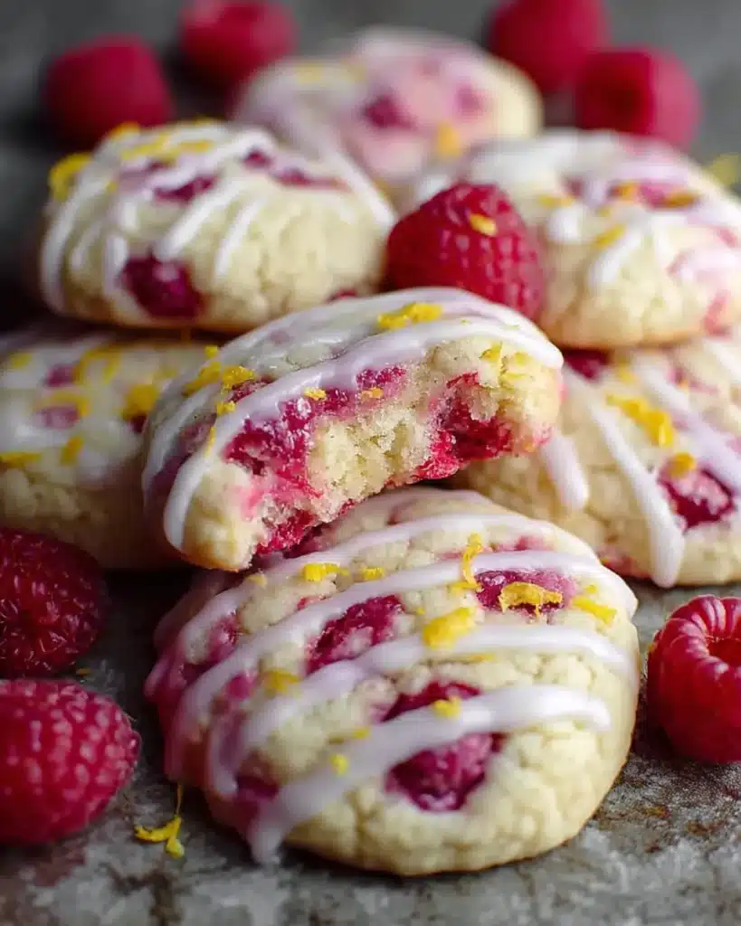 Soft lemon raspberry cookies with glaze and fresh berries
