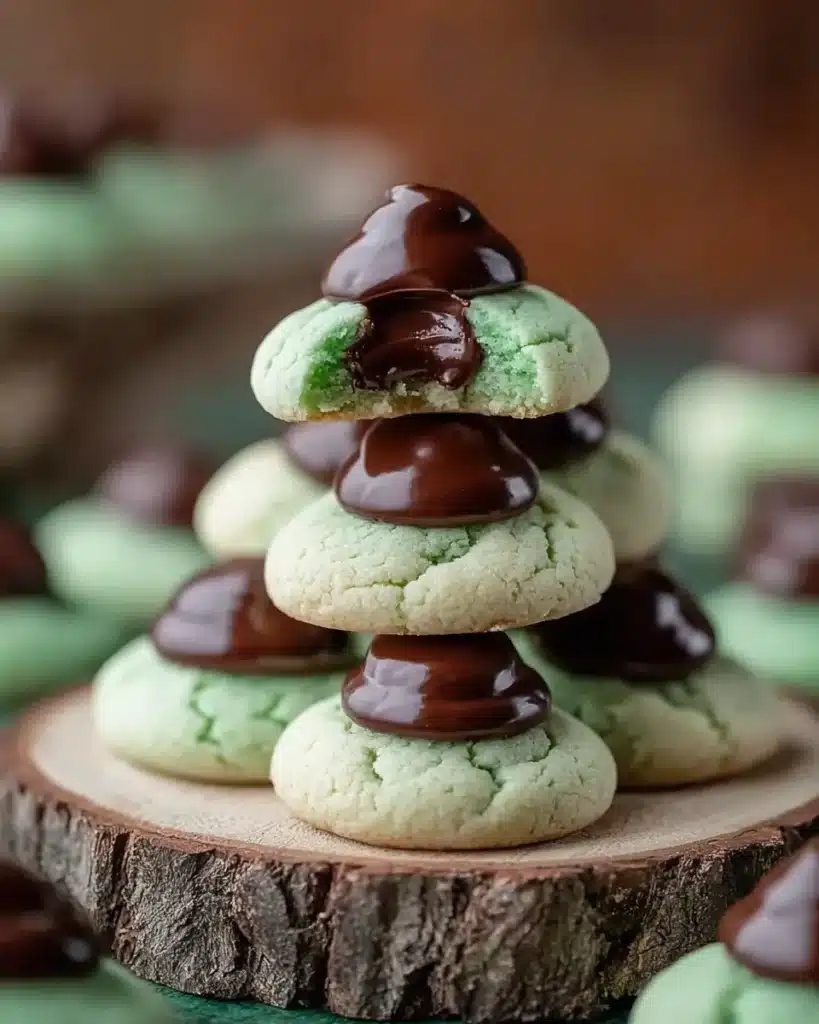 Stack of mint green cream cheese cookies topped with glossy chocolate ganache.
