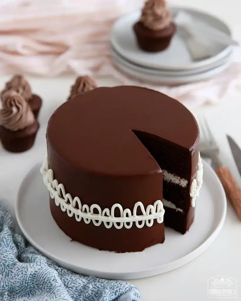 Classic Hostess Cupcake Layer Cake with signature white swirl design.