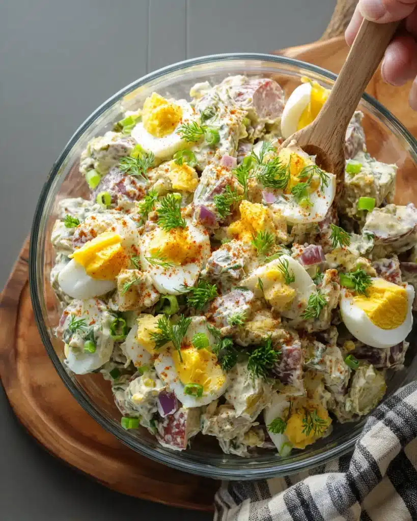 Overhead view of country-style potato salad with eggs, red potatoes, and fresh herbs