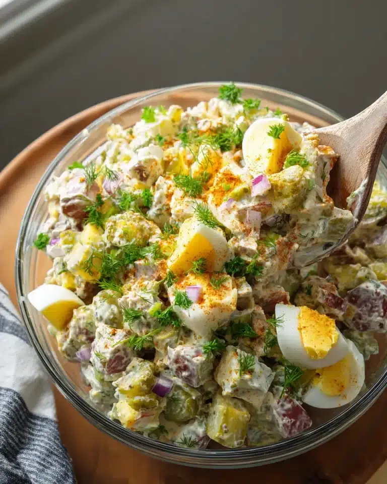 Bowl of country-style potato salad with red potatoes, eggs, and fresh dill