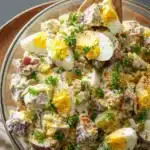 Country-style potato salad with red potatoes, hard-boiled eggs, and fresh parsley in a glass bowl