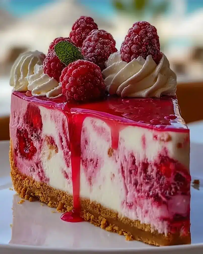 Vibrant pink raspberry cheesecake slice with glaze and fresh berries