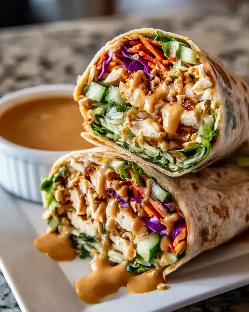 Thai Peanut Chicken Wrap cut open with fresh veggies and peanut sauce