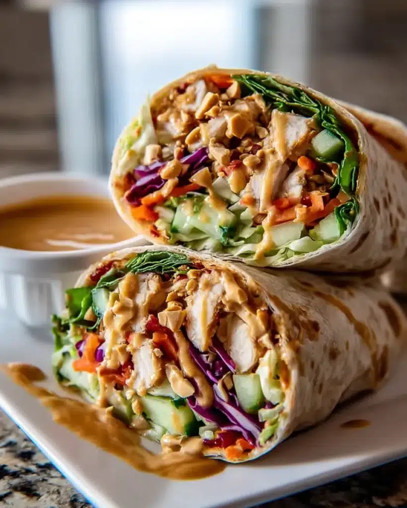 Fresh Thai Peanut Chicken Wraps with veggies and creamy peanut sauce