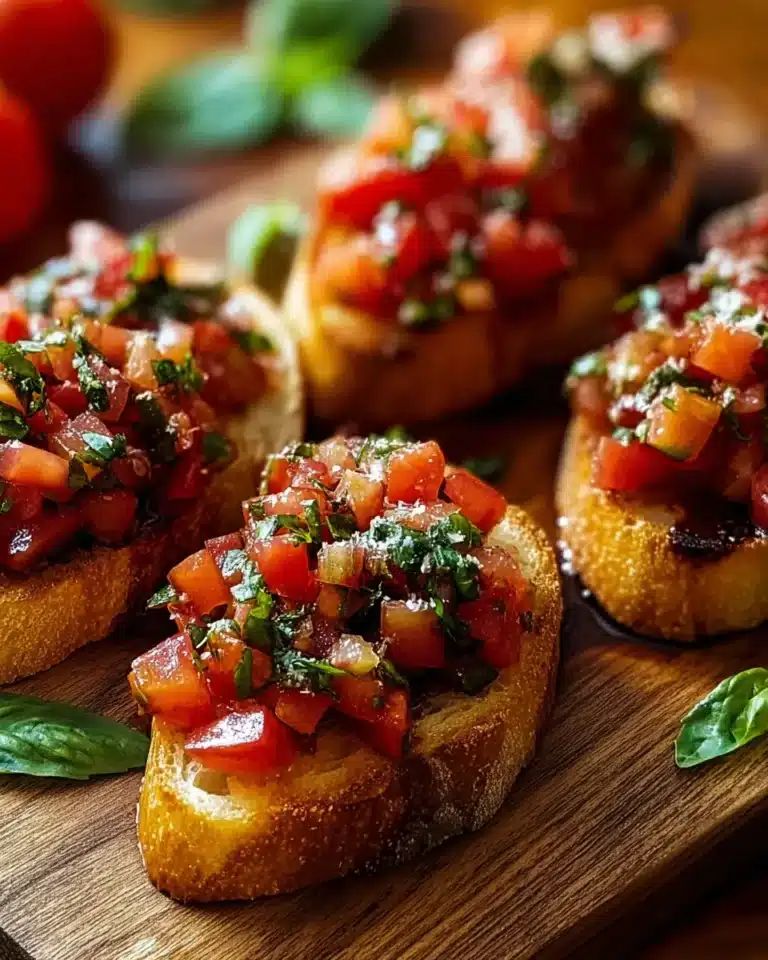 Toasted bruschetta topped with diced tomatoes, basil, and garlic oil on a wooden board