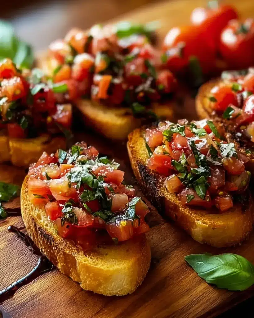 This easy bruschetta recipe features diced tomatoes, fresh basil, and a splash of balsamic piled high on golden toasted bread slices—simple, flavorful, and perfect for any occasion.