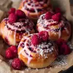 Fresh raspberry jam buns with pink icing and powdered sugar.
