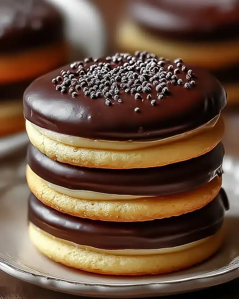 Stack of Boston Cream Pie Cookies with chocolate glaze and cream filling