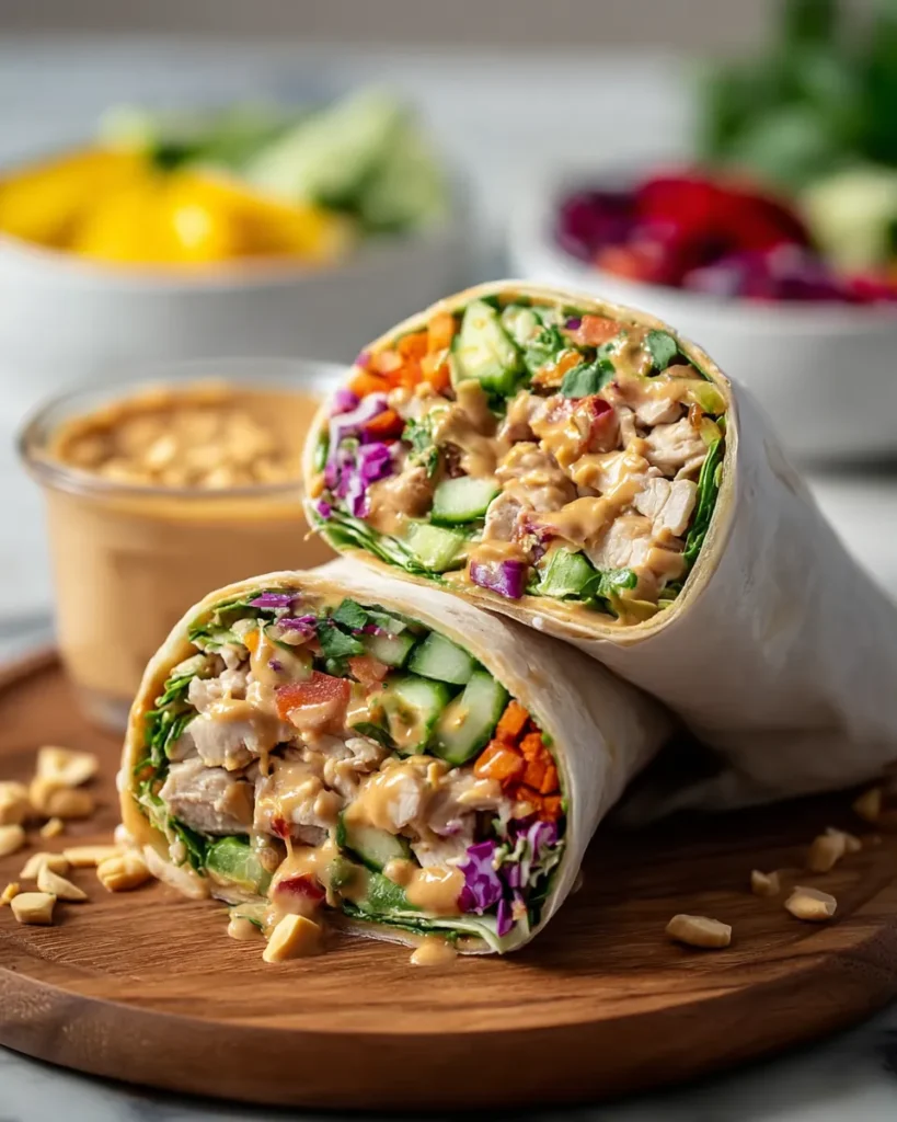Thai Peanut Chicken Wrap with fresh vegetables and creamy sauce