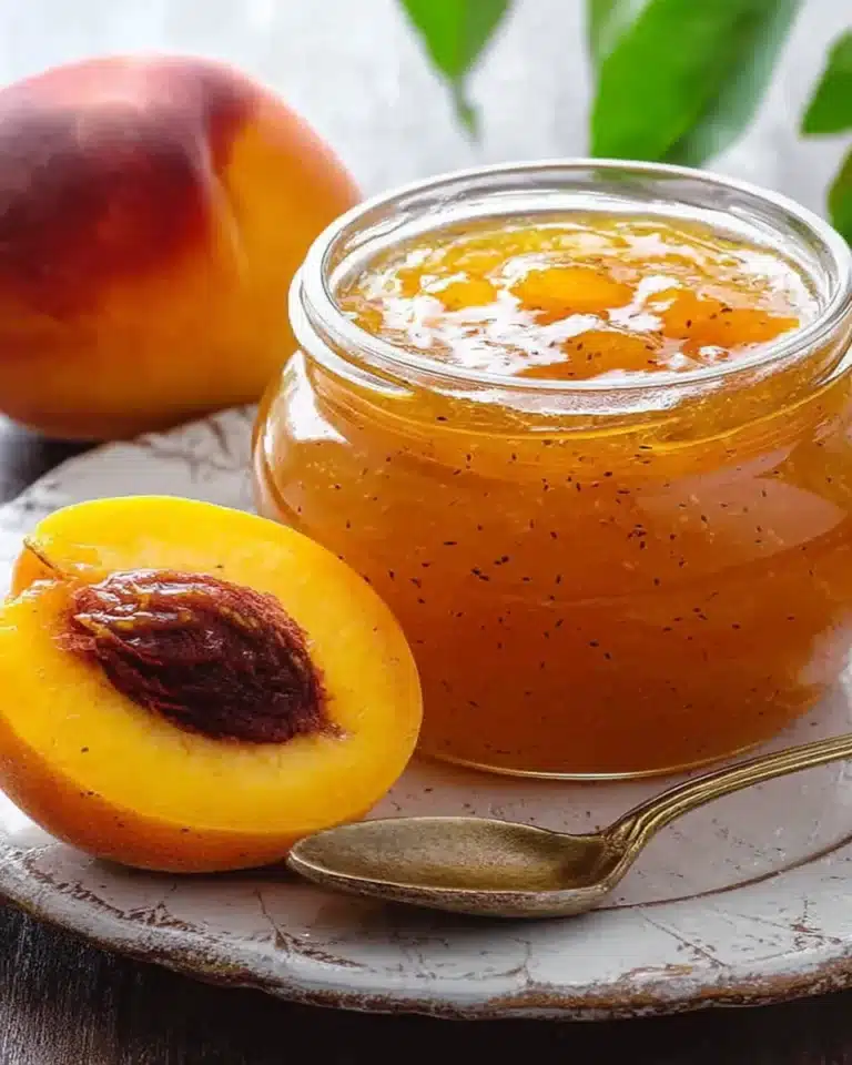 Jar of homemade peach vanilla jam with fresh peach and vanilla specks