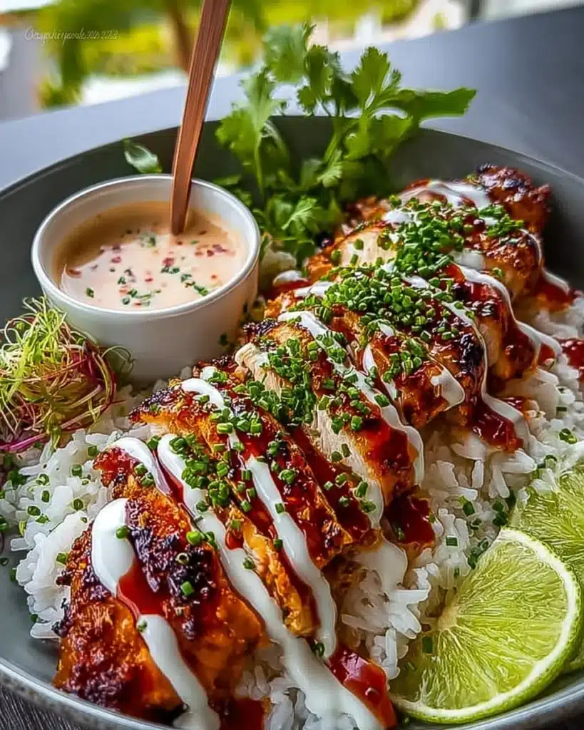 Quick Sweet Chili Chicken Bowl — sweet chili chicken over jasmine rice with creamy drizzle, lime wedges, and fresh herbs.
