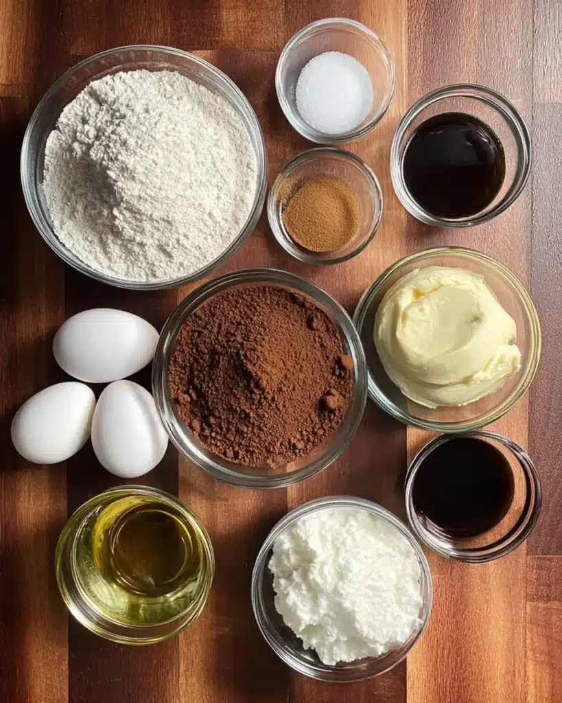 Measured ingredients for moist chocolate cake on wooden surface