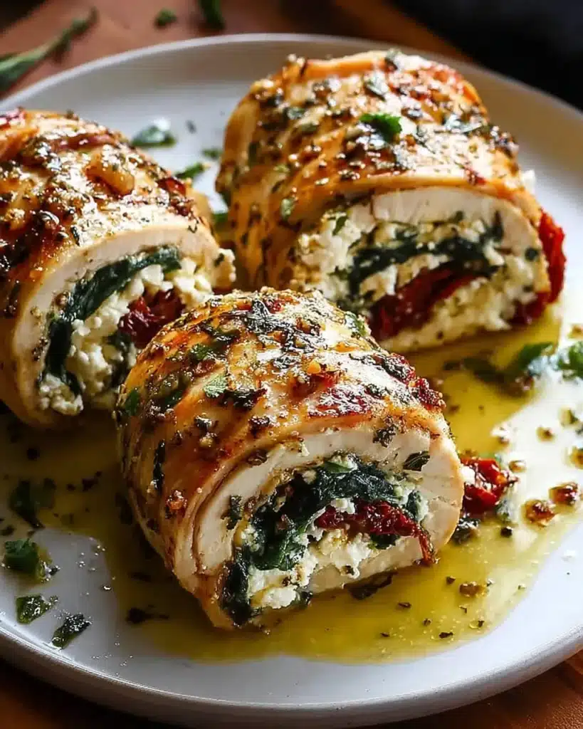 Rolled Up Chicken with Feta — sliced rolled chicken stuffed with feta, spinach, and sun-dried tomatoes in a rich herb butter sauce.