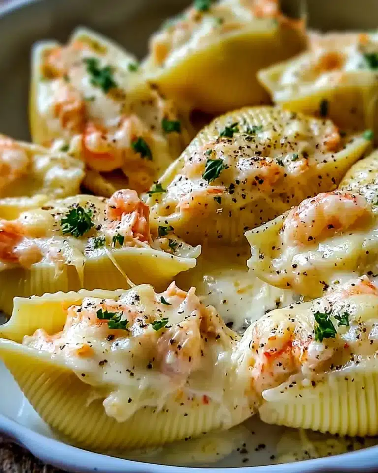 Creamy seafood stuffed pasta shells with lobster, crab, shrimp, and cheese sauce
