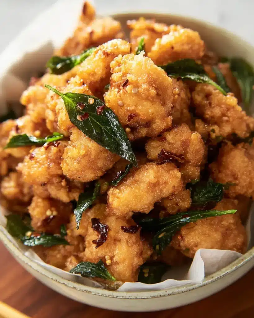 Golden Taiwanese popcorn chicken with crispy Thai basil and chili flakes in a bowl.