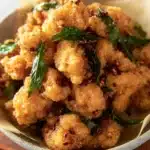 Bowl of Taiwanese popcorn chicken with chili flakes and crispy Thai basil.